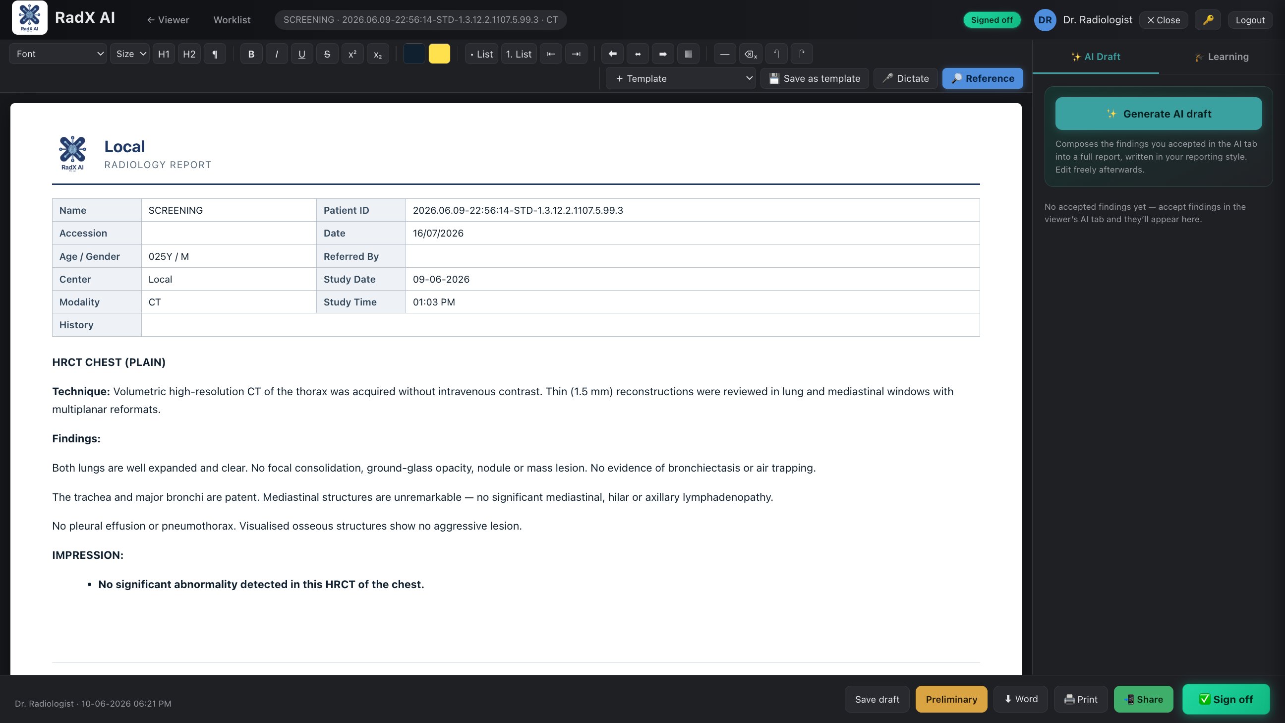RadX AI structured reporting page with AI draft rail